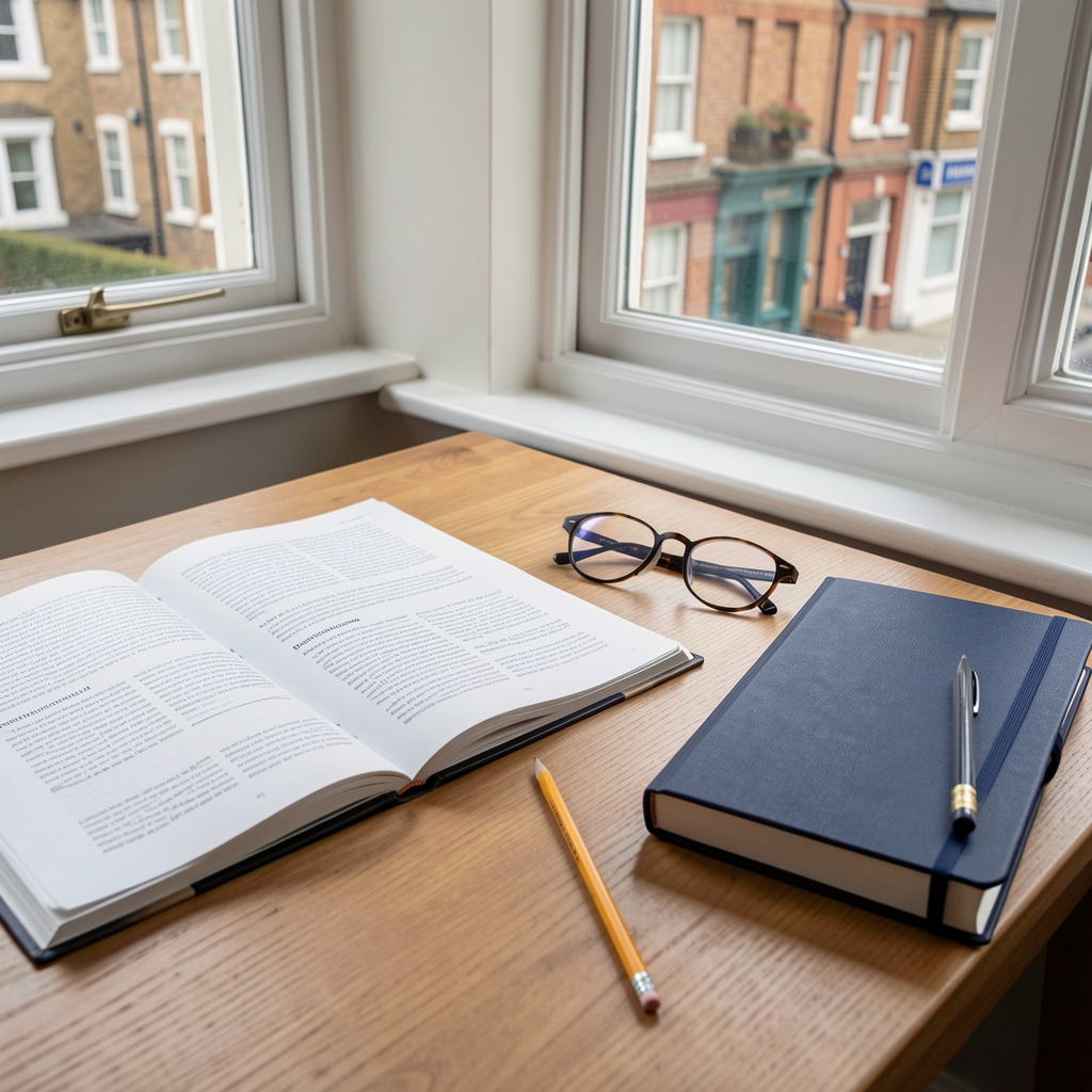 Editorial desk with open research papers, pencil, reading glasses and navy notebook beside a window in Southampton