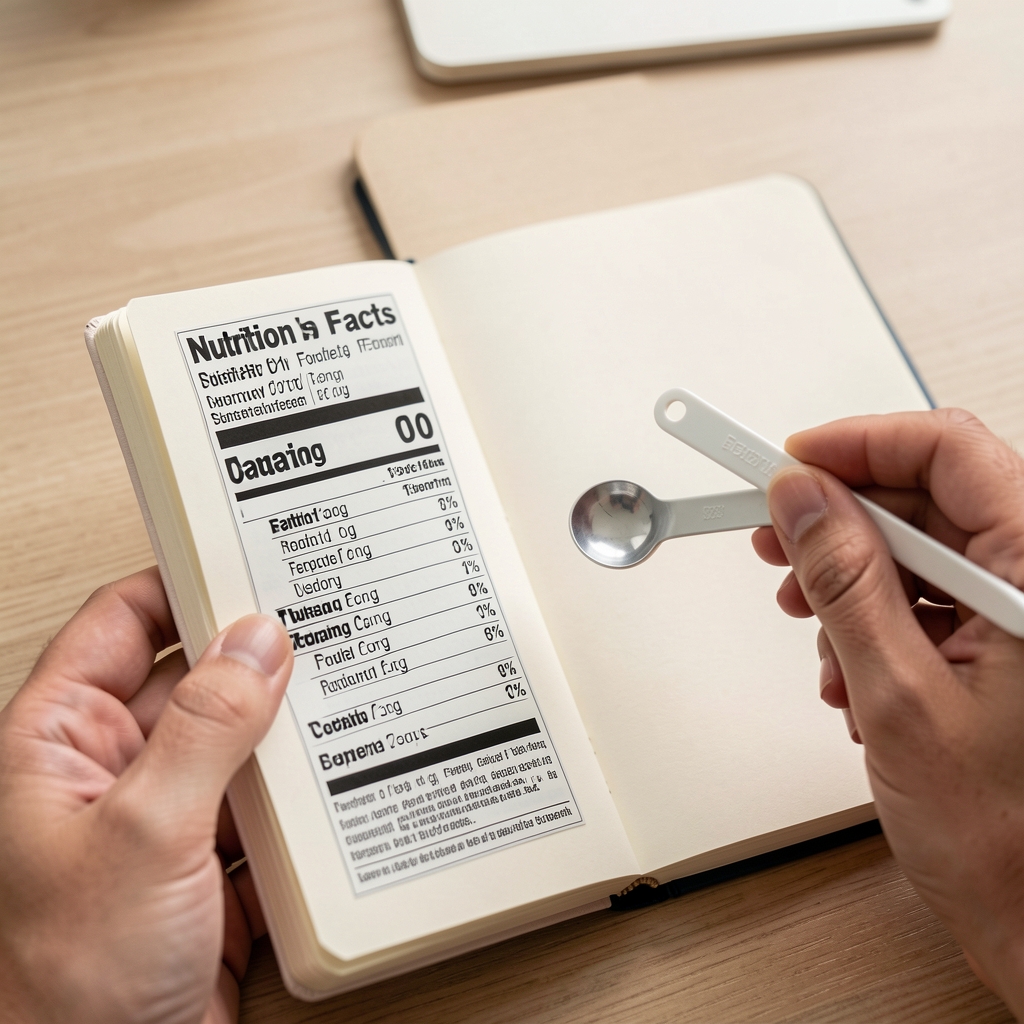 Hands reading a clearly printed nutrition label beside a notebook and measuring spoon