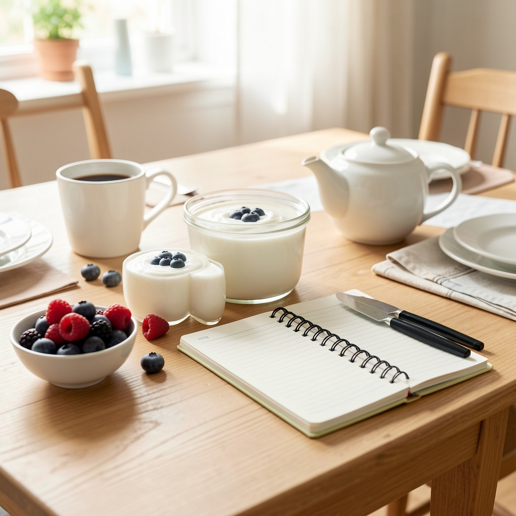 Collagen supplement ingredients and healthy breakfast ingredients on a kitchen table