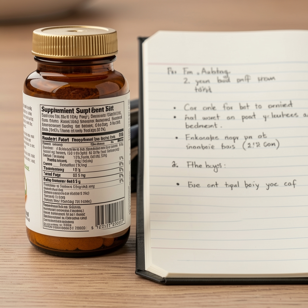 Detailed spice and supplement label beside a notebook with comparison notes