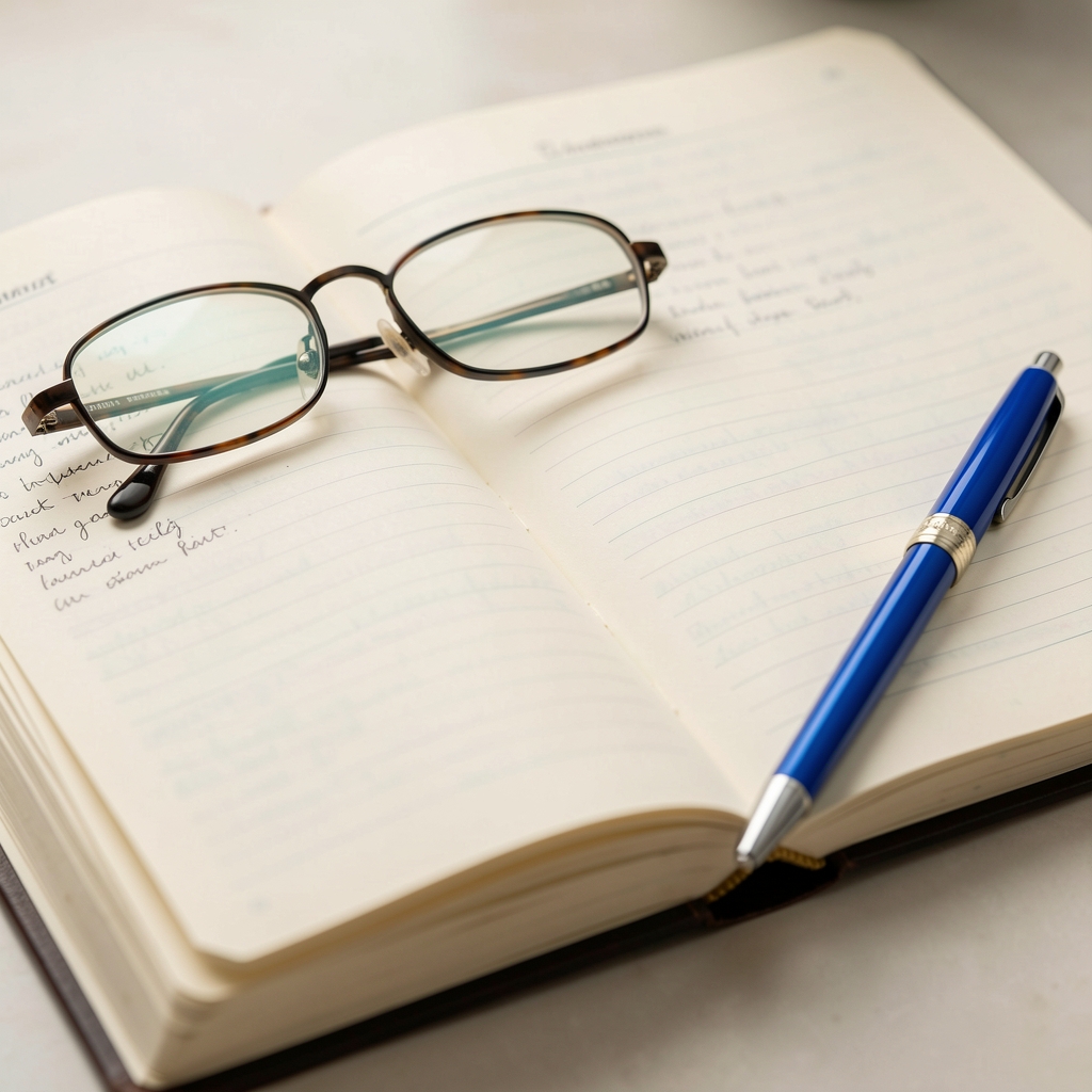 Close view of highlighted journal pages, reading glasses and a cobalt pen