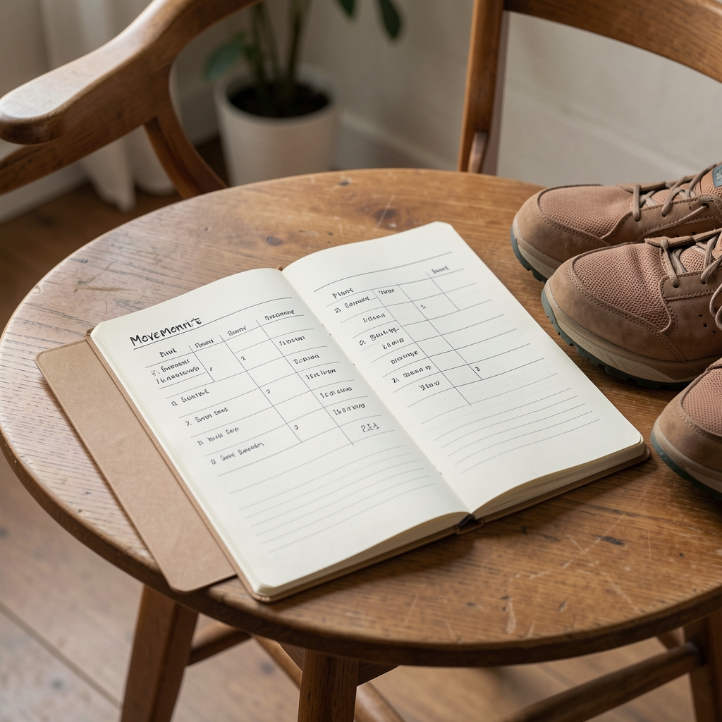 Notebook showing a simple movement timetable beside walking shoes and a chair
