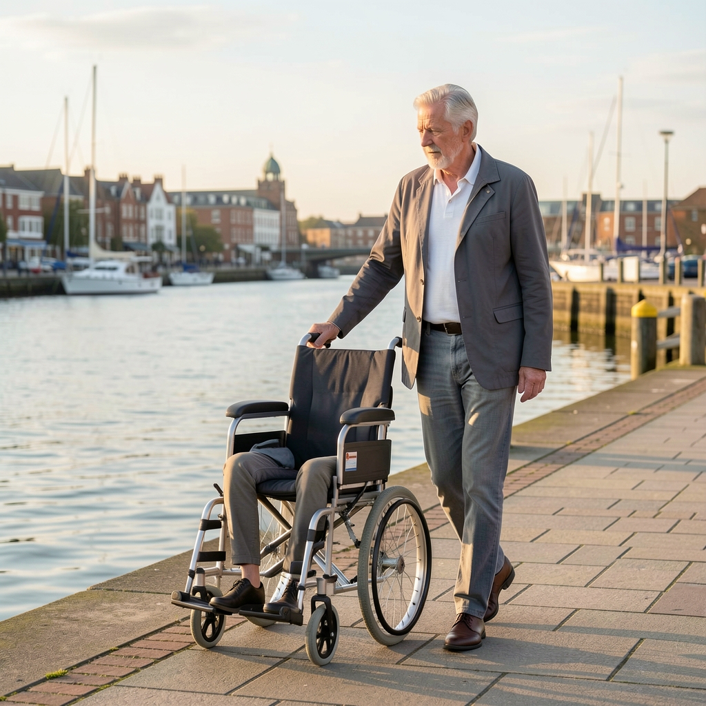 Mature adult walking beside Southampton waterfront in soft morning light while considering everyday mobility