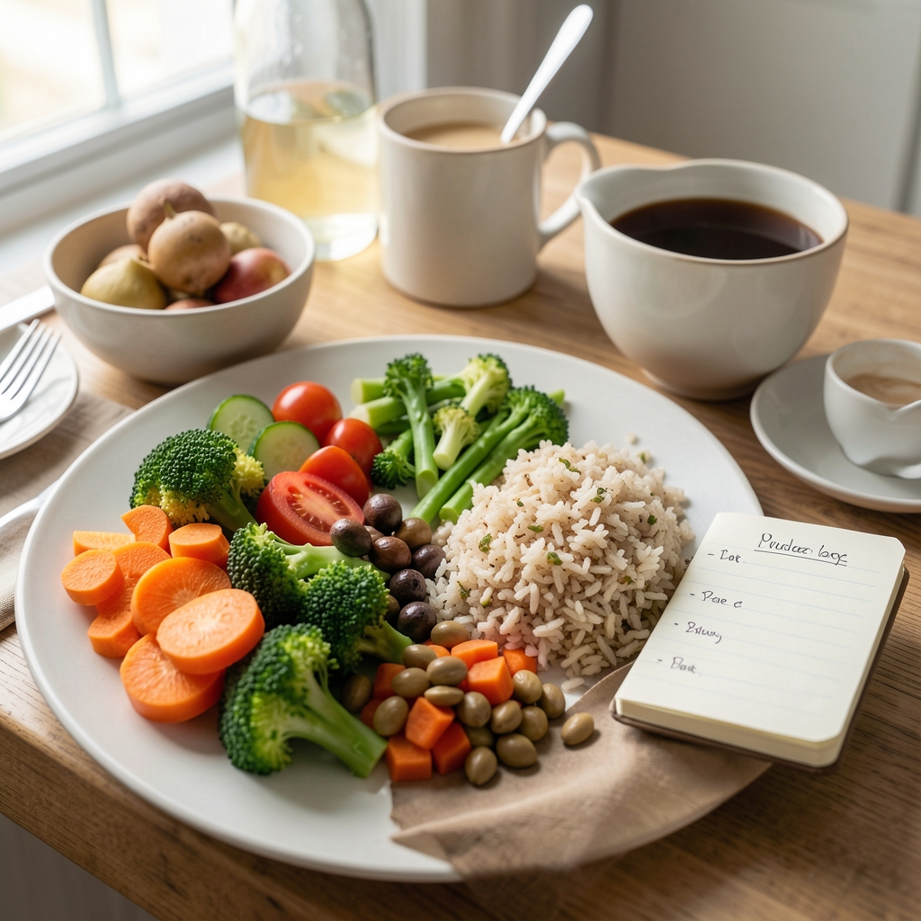 Balanced home meal with vegetables, grains and a small notebook for dietary observations