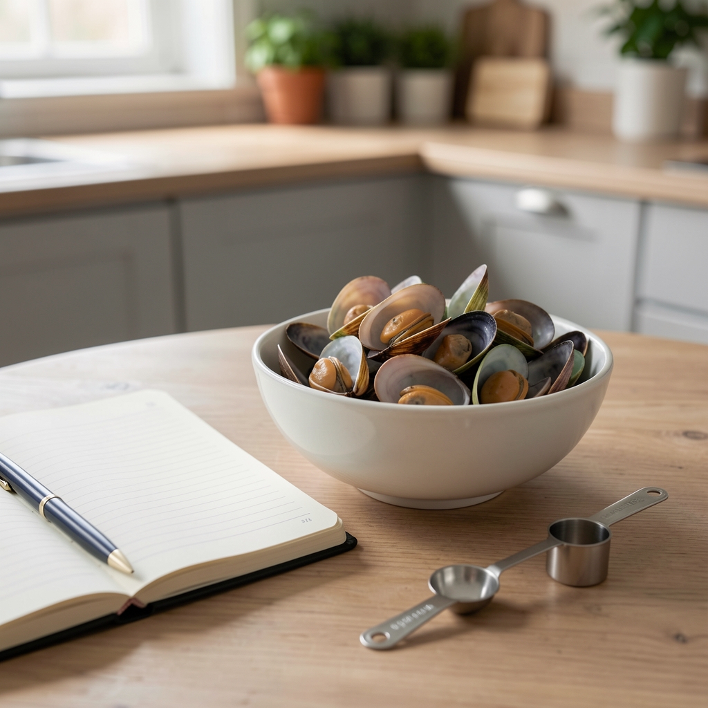 Bowl of shellfish beside a notebook and measuring spoon on a calm kitchen table for a nutrition editorial feature