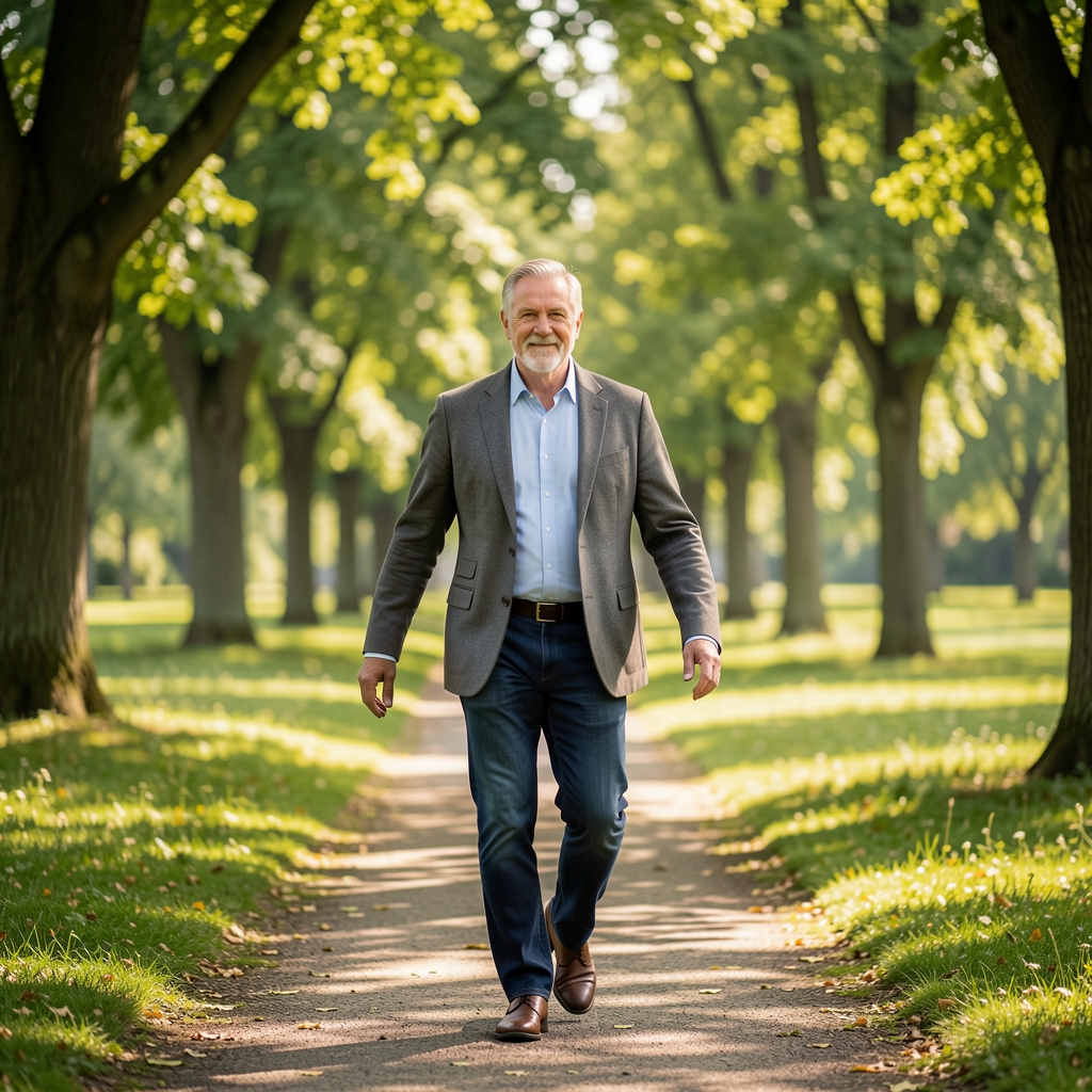 Adult over 40 walking through a leafy park while gently swinging their arms