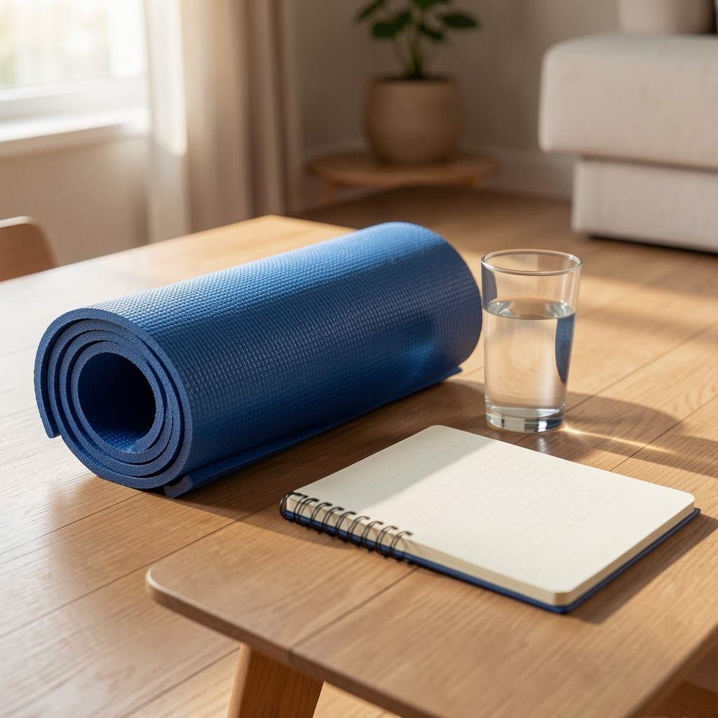 Folded exercise mat, water glass and notebook prepared for a calm home movement session