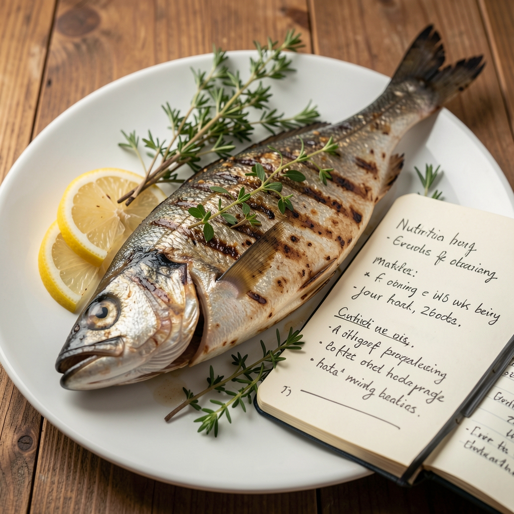 Grilled oily fish with lemon, herbs and a handwritten nutrition journal