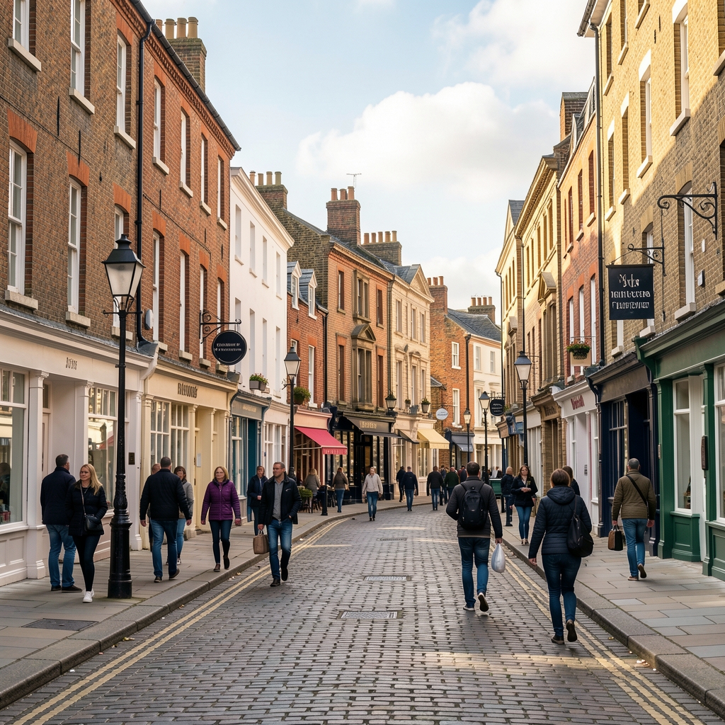 Above Bar Street in Southampton with historic buildings and pedestrians