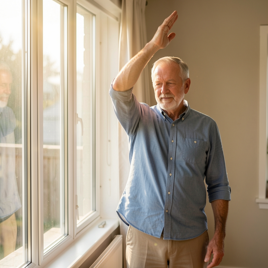 Adult over 40 practising a gentle standing stretch beside a sunny window