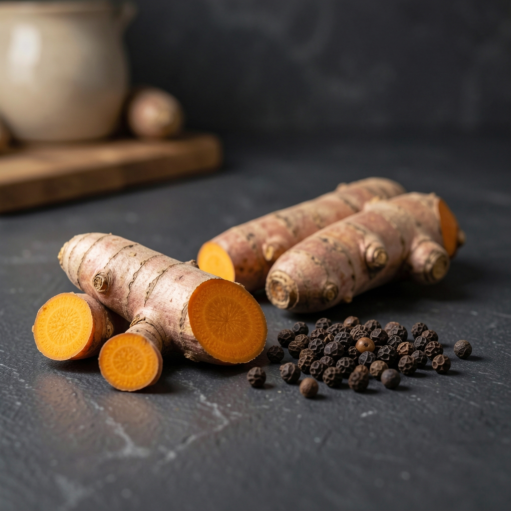 Ground turmeric, fresh turmeric root and black pepper arranged on a dark kitchen surface for an editorial food photograph